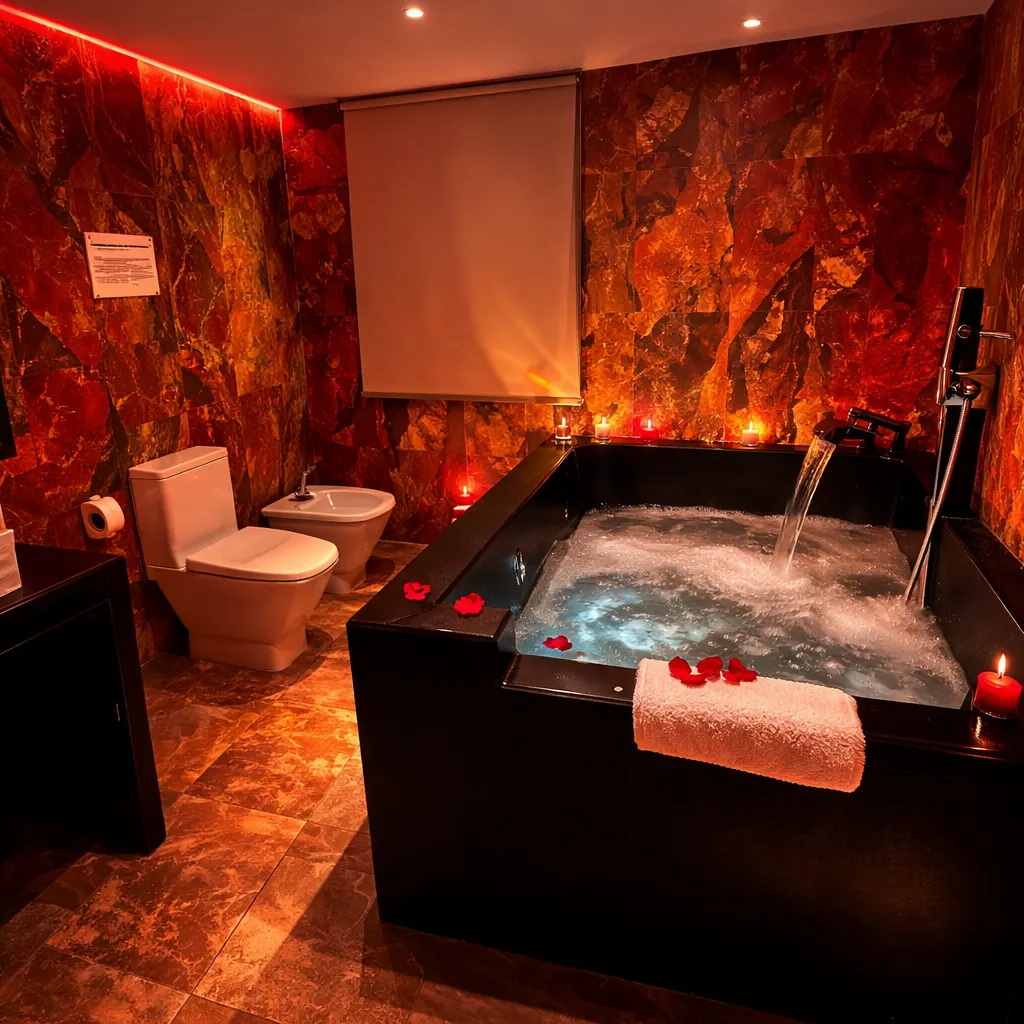 Jacuzzi privado con pétalos de rosa y velas en suite Madrid